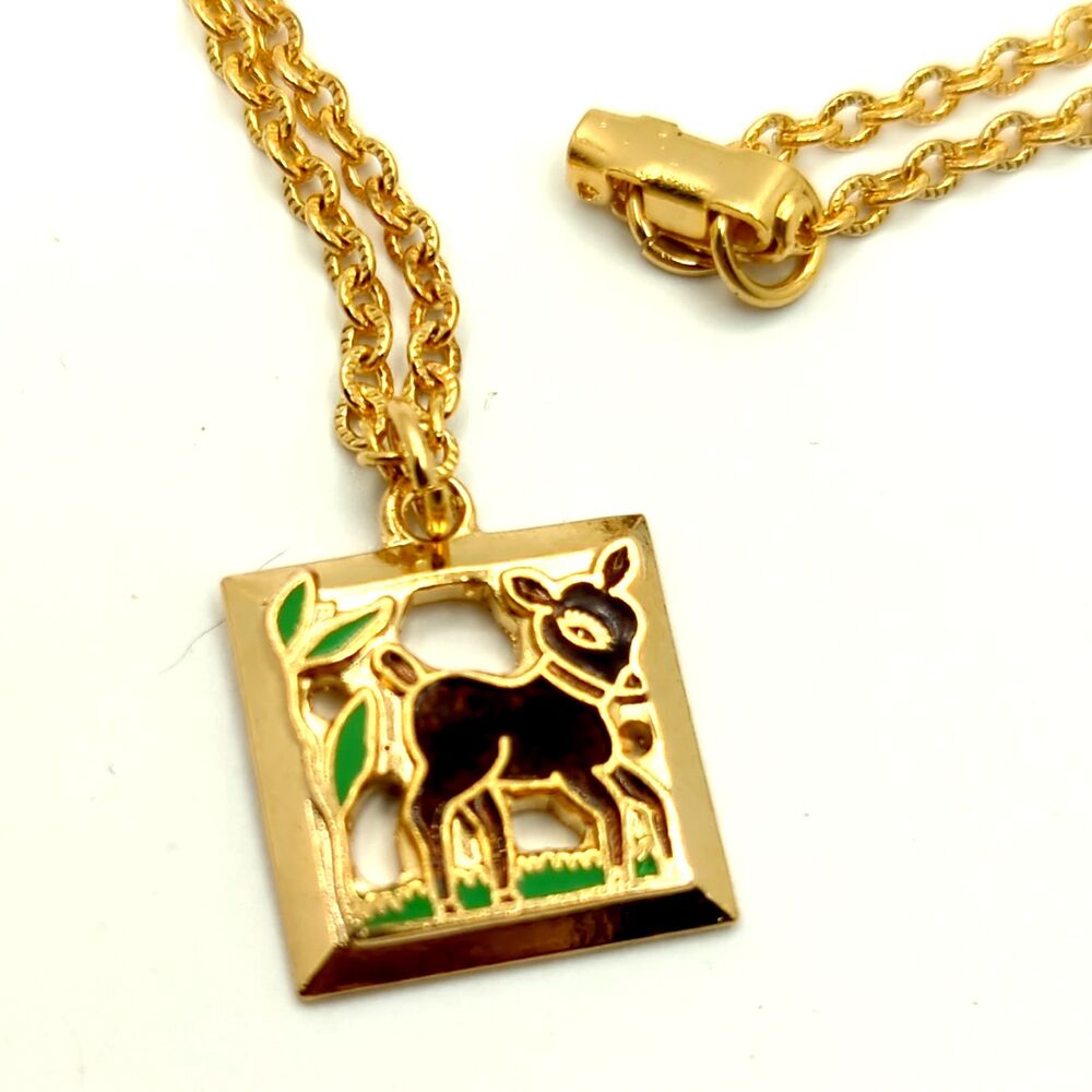 Vintage 1960s Baby Deer Fawn 14in Necklace Signed Emmons